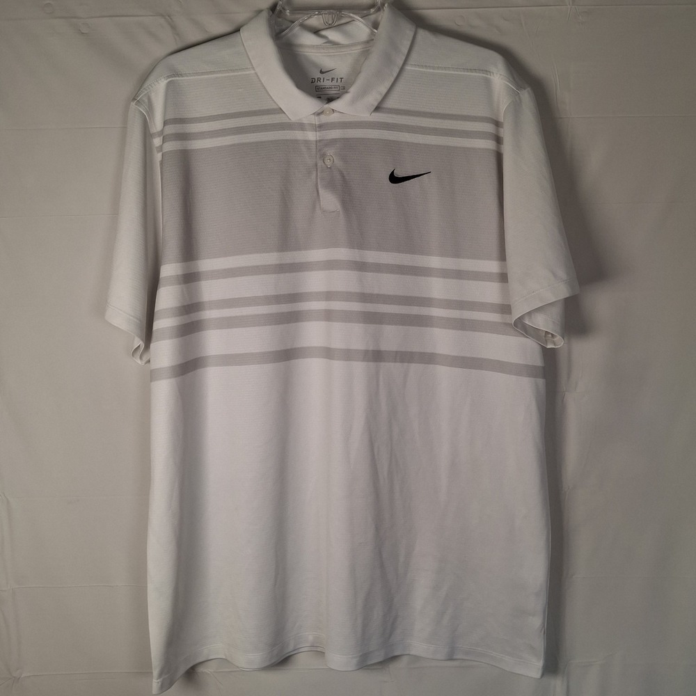 Nike Dry Fit Stripe Golf Polo Shirt Mens XL White Gray Short Sleeve Performance